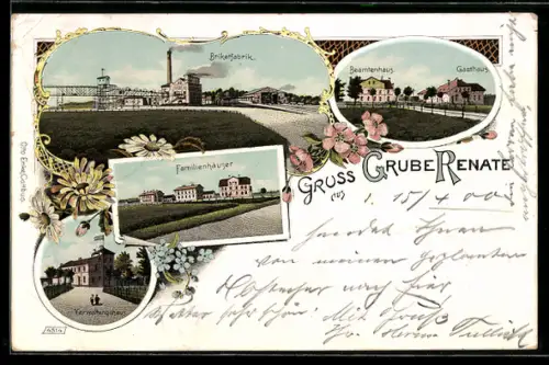 Lithographie Grube Renate, Brkettfabrik, Beamten- und Gasthaus, Familienhäuser, Verwaltungshaus