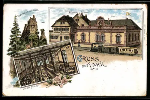 Lithographie Lahr, Brauerei zum Rappen, Aussen- u. Innenansicht, Ruine Hohengeroldseck, Eisenbahn