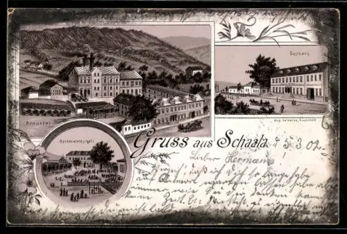 Lithographie Schaala, Gasthaus, Brauerei und Gasthaus mit Garten