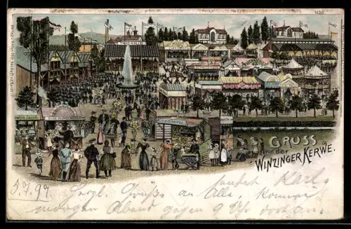 Lithographie Neustadt /Haardt, Volksfest Winzinger Kerwe, Tanzhalle und Waffelbäckerei auf dem Festplatz