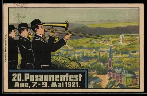 AK Aue, 20. Posaunenfest 1921, Blick zum Ort, Posaunenspieler
