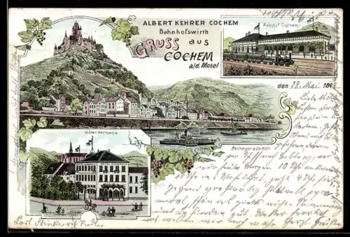 Lithographie Cochem a. d. Mosel, Hotel Germania, Bahnhofsgasthaus Albert Kehrer mit Bahnhof, Teilansicht