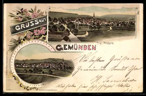 Lithographie Gemünden a. d. Wohra, Ortsansicht mit Kirche, Ornamentale Blumen