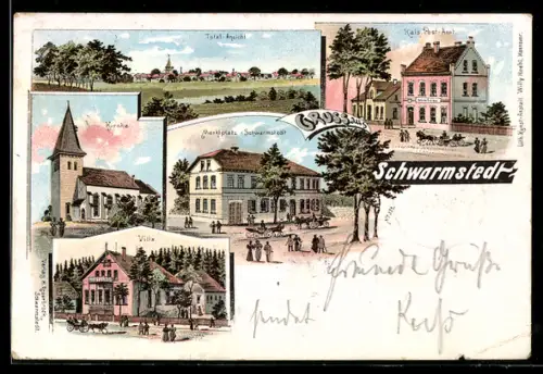 Lithographie Schwarmstedt, Kirche, Villa, Marktplatz