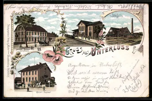 Lithographie Unterlüss, Aubachs Gasthaus, Inh. H. Aubach, Kaiserl. Postamt, Bahnhof, Hubach`sches Dampfsägewerk