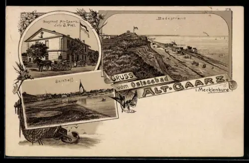 Künstler-AK Alt-Gaarz i. Mecklenburg, Gasthof Alt-Gaarz, Inh. J. Piel, Salzhaff, Badestrand