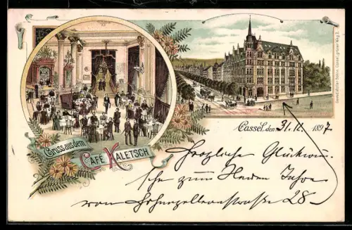 Lithographie Cassel, Cafe Kaletsch, Pferdebahn vor dem Gebäude