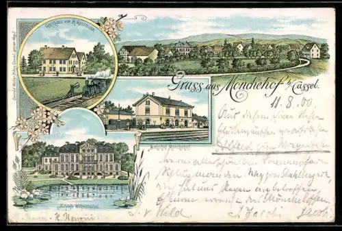 Lithographie Mönchehof /Cassel, Gasthaus v. H. Gossmann, Schloss Wilhelmsthal, Bahnhof Mönchehof