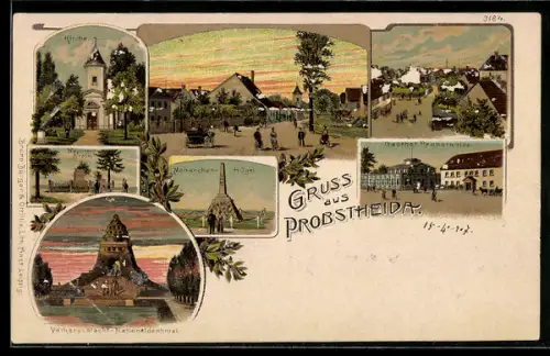 Lithographie Probstheida, Kirche, Gasthof Probstheida, Völkerschlachtdenkmal, Monarchen-Hügel