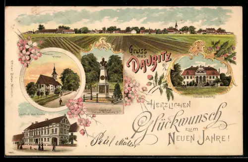 Lithographie Daubitz o. L., Gasthof zur Krone, Kirche, Schloss Daubitz