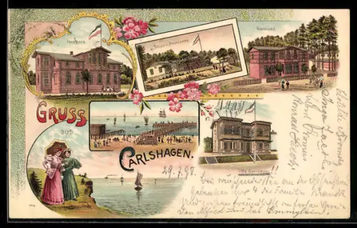 Lithographie Carlshagen, Forsthaus, Strand-Promenade und Warmbad