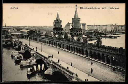 AK Berlin-Friedrichshain, Oberbaumbrücke mit Hochbahn