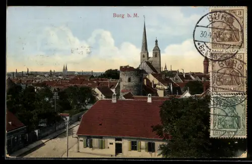 AK Burg b. M., Stadtansicht mit Kirche und Stadtturm