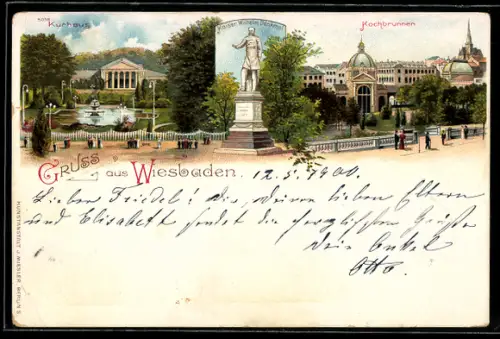 Lithographie Wiesbaden, Kurhaus, Kochbrunnen, Kaiser Wilhelm Denkmal