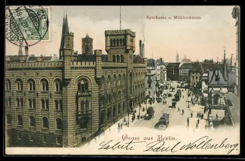 AK Berlin, Sparkasse und Mühlendamm, Strassenbahn