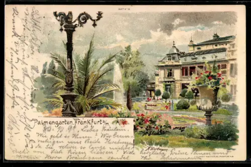 Lithographie Frankfurt-Westend, Sprinbrunnen im Palmengarten