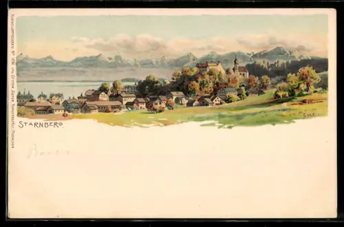 Lithographie Starnberg, Ortsansicht mit Bergpanorama