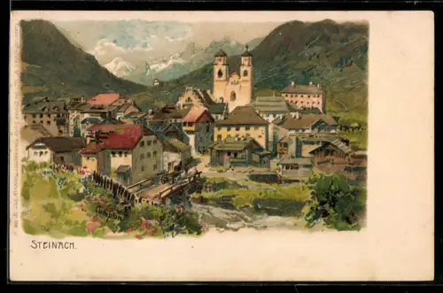 Künstler-AK Edward Theodore Compton: Steinach, Ortsansicht mit Kirche und Bergen