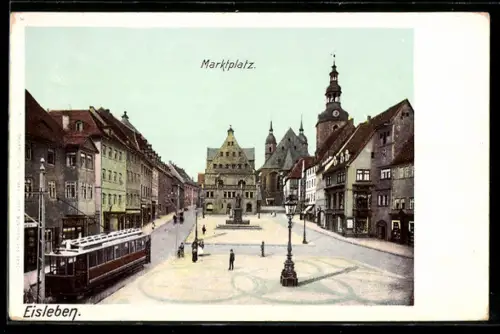 AK Eisleben, Marktplatz mit Strassenbahn