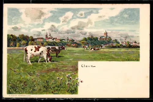 Lithographie Cleve, Stadtansicht mit Kühen auf der Weide
