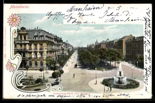 AK Mannheim, Kaiserring, Blick vom Bahnhof, Hotel National, Brunnen