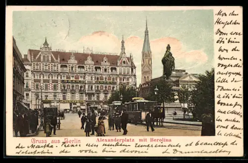 AK Berlin, Alexanderplatz mit Berolina, Grand Hotel, Strassenbahn
