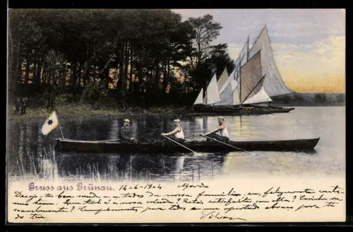 AK Grünau, Ruderboot mit drei Personen auf dem See