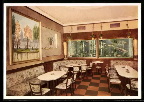 AK Alt-Frankfurt, Eis-Café WiPra, Neue Kräme 27, Café der Tierfreunde, Aquarienzimmer, Aquarien, Sitzgruppen
