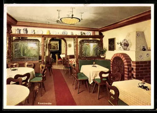 AK Alt-Frankfurt, Eis-Café WiPra, Neue Kräme 27, Café der Tierfreunde, Kaminecke, Aquarien, Gedeckte Tische