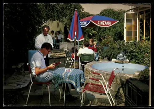 AK Alt-Frankfurt, Konditorei, Café WIPRA, Neue Kräme 27. Café der Tierfreunde, Garten, Sitzgruppe, Brunnen