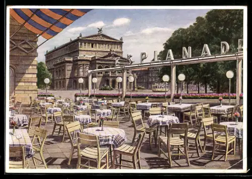 AK Frankfurt a. Main Am Opernplatz, Kaffee-Restaurant Esplanade, Terrasse. Strassenbahn