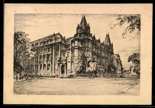 AK Frankfurt /Main, Grosses Eckgebäude, Turm, Strasse mit Fussgängern, Versicherung