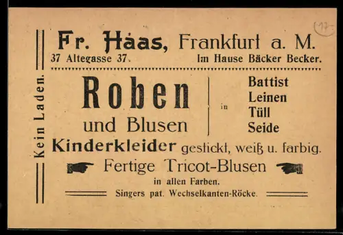 AK Frankfurt a. M., Korrespondenzkarte Kinderkleider von Fr. Haas, Altegasse 37