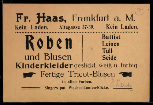 AK Frankfurt a. M., Korrespondenzkarte Kinderkleider von Fr. Haas, Altegasse 37-39