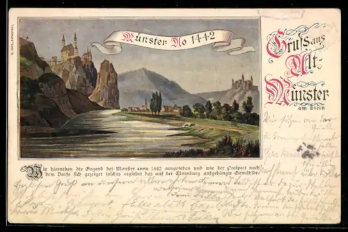 AK Alt-Münster am Stein, Burg auf Felsen, Flussufer, Ort mit Kirche