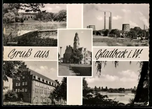 AK Gladbeck i.W., Zeche Hibernia, Postamt, Ehrenmal, Nordpark