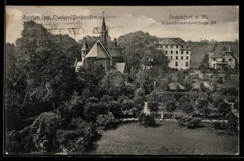AK Frankfurt a. M., Garten des Diakonissenhauses, Eschersheimer Landstrasse 122, Kapelle, Mehrstöckiges Gebäude