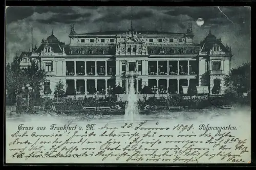 Mondschein-AK Frankfurt-Westend, Palmengarten, Gebäudefassade, Springbrunnen, Gartenanlage