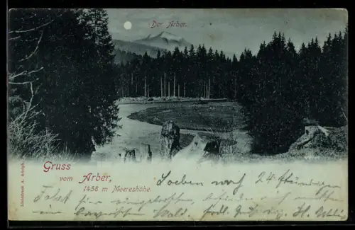 Mondschein-AK Arber, Fluss, Wald, Bergkamm