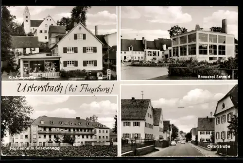 AK Ustersbach bei Augsburg, Brauerei Schmid, Kirchenpartie, Orts-Strasse