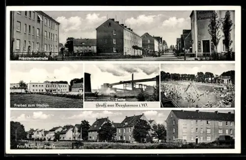 AK Bergkamen i. W., Präsidentenstrasse, Zeche, Freibad zum Stadion