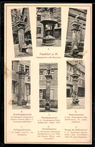 AK Frankfurt a. M., Schöppenbrunnen, Dreikönigsbrunnen, Paradiesbrunnen