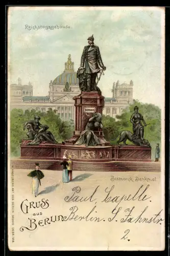 Lithographie Berlin, Reichstagsgebäude, Bismarck Denkmal