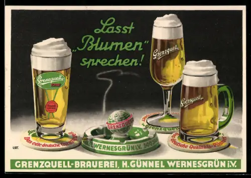 AK Wernesgrün i. V., Grenzquell-Brauerei, Biergläser, Aschenbecher, Werbung
