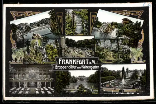 AK Frankfurt-Westend, Palmengarten, Gruppenbilder, Parkanlagen, Gewächshaus, Konzertsaal, Springbrunnen