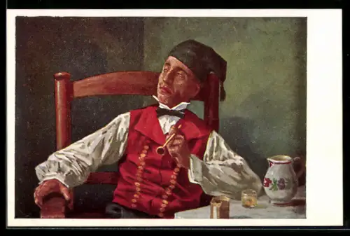 AK Mann mit Pfeife und elsass-lothringischer Tracht