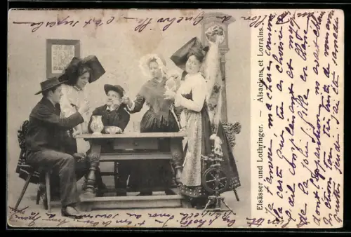 AK Menschengruppe am Tisch in elsass-lothringischer Tracht