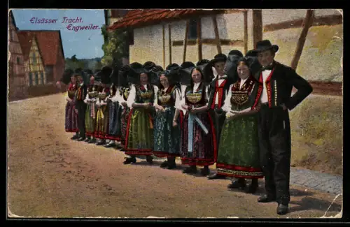 AK Engweiler, Mann und Frauen in elsässer Tracht