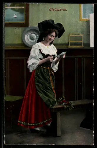 AK Elsässerin mit einem Zettel in den Händen