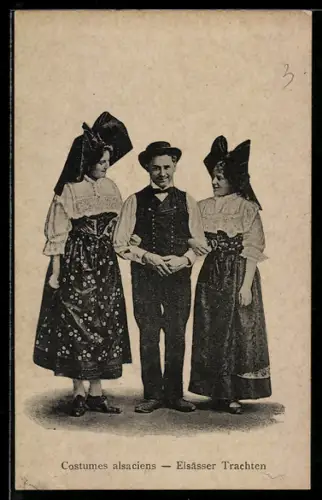 AK Mann und zwei Frauen in elsass-lothringischer Tracht